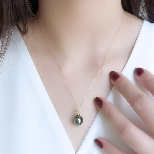 Vista 5 de Collar de perlas negras de Tahití para mujer, joyería fina redonda AAAA+ perlas de 0.394 pulgadas (0.394 in), collar con colgante de perlas, regalo