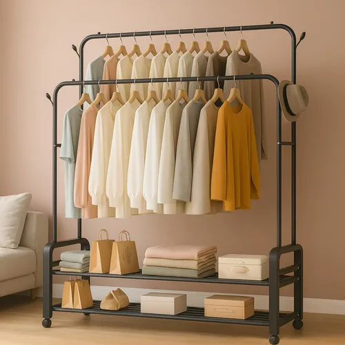 Vista 6 de Perchero resistente, perchero y perchero con ruedas, perchero independiente de doble barra para colgar ropa con estante de 2 niveles y organizador