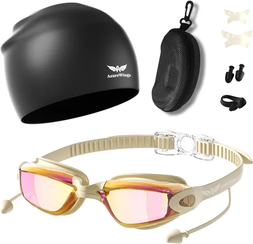 Vista 7 de Gafas de natación 7 en 1 + gorro de natación para hombres y mujeres, sin fugas, antivaho y UV, lente de PC con espejo HD de visión amplia