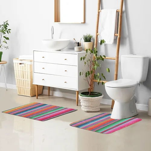 Vista 9 de YETTASBIN Juego de 2 alfombras de baño con diseño de rayas mexicanas, antideslizantes, de secado rápido, alfombra de ducha de felpa extrasuave