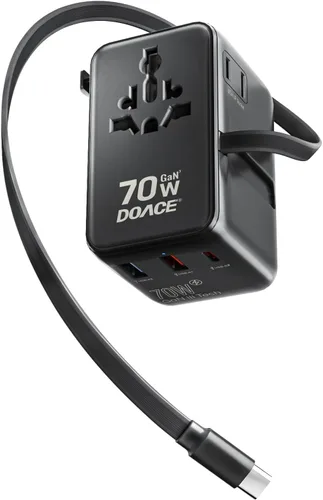 Vista 9 de DOACE - Adaptador de viaje universal GaN de 100 W con cable USB-C 6-in-1 Design, USB-C PD Fast Charging, European Plug Adapter Works in 200+