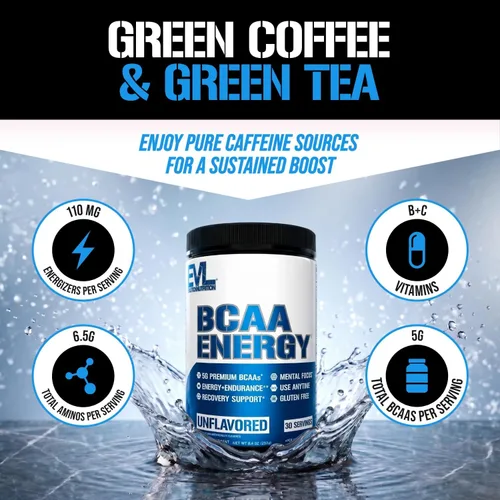 Vista 2 de EVL BCAA - Polvo de aminoácidos BCAA rehidratante, bebida de recuperación después del entrenamiento con cafeína natural, BCAA Energy Polvo