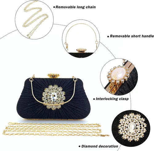 Vista 3 de Buric - Bolso de mano con purpurina para mujer, con diamantes plisados, para novia, boda, fiesta, con bolsa de diamantes de imitación