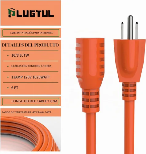 Vista 2 de Cable de extensión para exteriores de 6 pies Cable de extensión de 3 clavijas de calibre 16/3, 13A 1625 W SJTW, certificación ETL, ideal