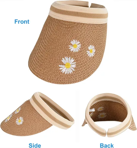 Vista 4 de Sombrero de paja con protección UV, visera de playa, sombrero de ala ancha, estampado de leopardo, enrollable, plegable para mujer