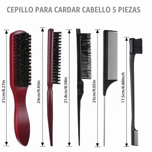 Vista 5 de cobee Juego de 5 cepillos de pelo con parte trasera lisa, cepillo de cerdas para control de bordes, peine de burlas, palo de cera para cabello