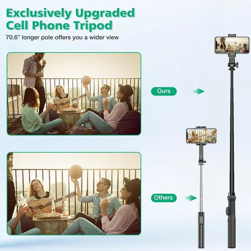 Vista 2 de Soporte de teléfono de 70.6 pulgadas y trípode para selfies, soporte de celular extensible con control remoto y soporte para teléfono