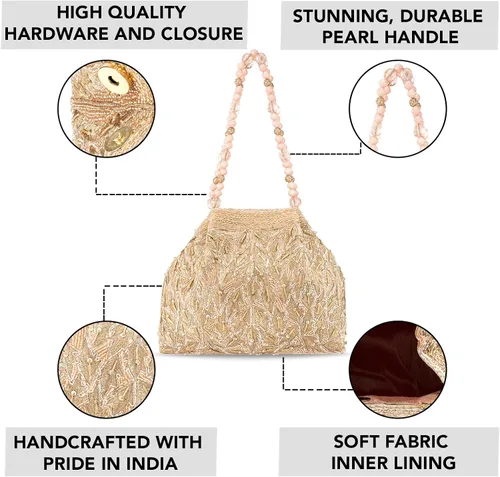 Vista 3 de Aheli Potli - Bolsas de noche para mujer, bolso étnico de novia con cordón (P65C), Oro Rosa