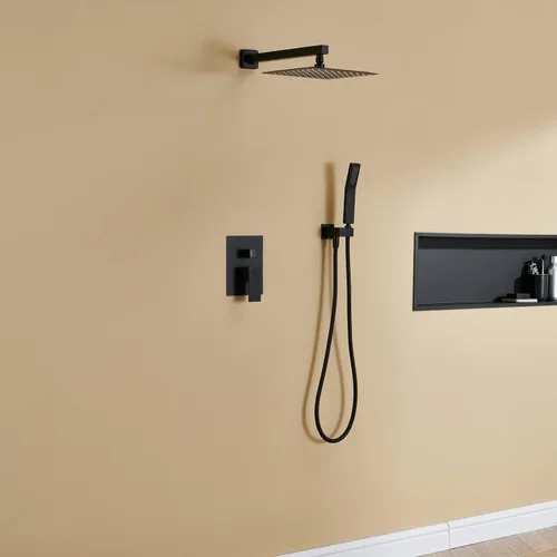 Vista 7 de Sistema de ducha de 10 pulgadas, juego combinado de ducha de lluvia, grifo de montaje en pared negro, grifos de baño con cabezal de ducha de lluvia