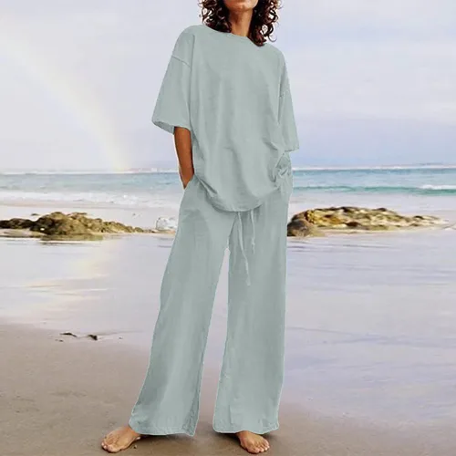 Vista 22 de Conjuntos de verano de 2 piezas para mujer, conjuntos elegantes y casuales de color liso, para verano, otoño, cuello redondo, tops y pantalones