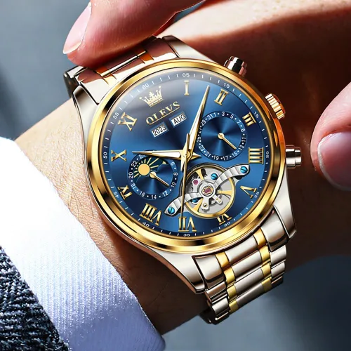 Vista 2 de OLEVS Relojes automáticos para hombre, movimiento mecánico, esfera de esqueleto, relojes Tourbillon de cuerda automática, de lujo, impermeables