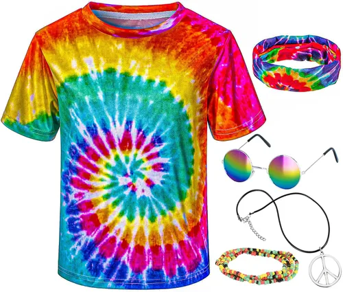 Vista 2 de Disfraz hippie para hombre Momen 60s 70s playera colorida 5 piezas accesorios para fiesta temática