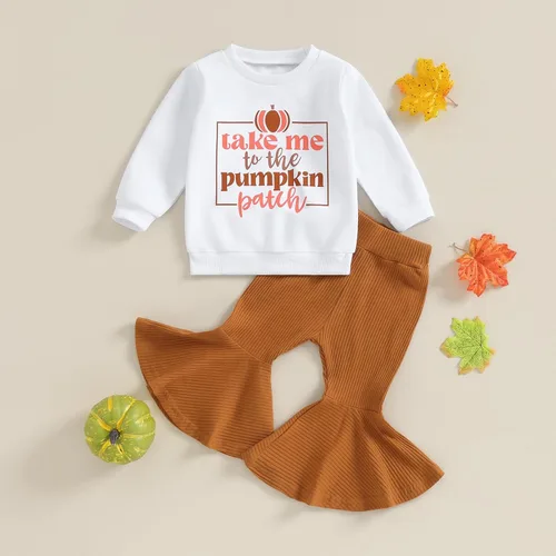 Vista 2 de Kuriozud Conjunto de 2 piezas para niña pequeña, sudadera de manga larga con estampado de letras de Halloween y pantalones acampanados acanalados