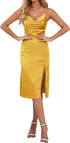 Vista 5 de LYANER - Vestido de satén para mujer, sin mangas, por debajo de la rodilla, con cuello drapeado, holgado y tirantes delgados, estilo camisola