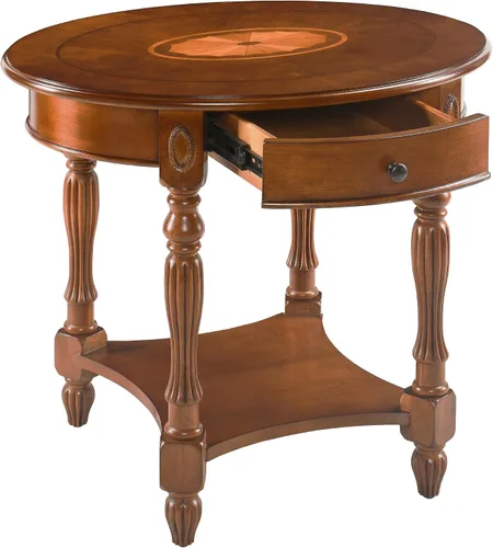 Vista 5 de PADMA HOUSE Mesa auxiliar ovalada de madera tradicional con cajón, mesa auxiliar de sofá para sala de estar con acabado de cera de abeja con estante