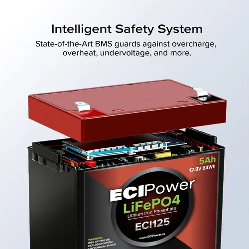 Vista 3 de ECI Power Batería recargable de litio LiFePO4 de ciclo profundo de 12 V 5 Ah 2000-5000 ciclos de vida útil y 10 años de vida BMS integrado