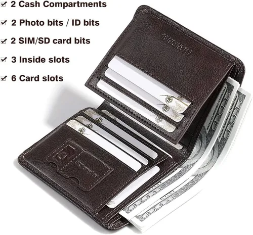 Vista 66 de Billetera de piel triple con bloqueo RFID para hombre con 2 ventanas de identificación, 2 compartimentos para efectivo, 6-8 ranuras para tarjetas