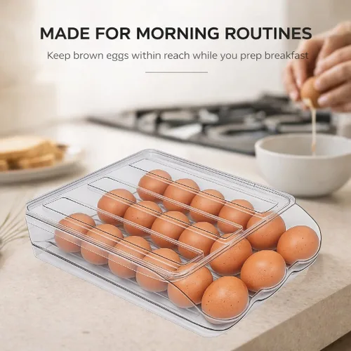 Vista 5 de Soporte para huevos para refrigerador con dispensador automático rodante, dispensador de huevos para refrigerador, organizador de huevos apilable
