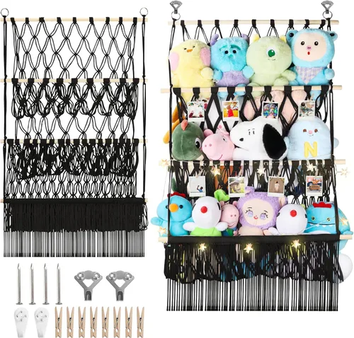 Vista 24 de Red de almacenamiento de animales de peluche de 2 niveles, 17 x 32 pulgadas, organizador grande de animales de peluche para pequeños rellenos