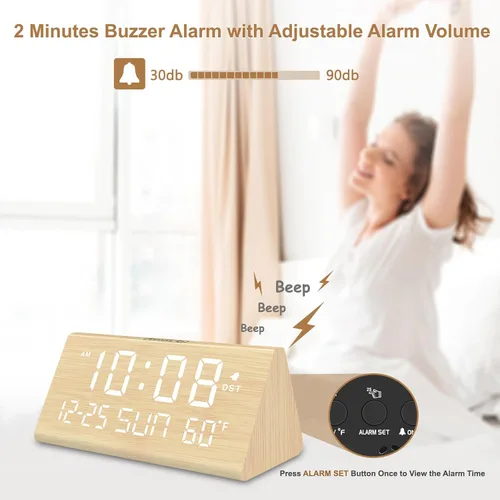 Vista 3 de DreamSky Reloj despertador digital para dormitorios, reloj de escritorio de madera con fecha, día de la semana, puerto USB, temperatura, atenuador