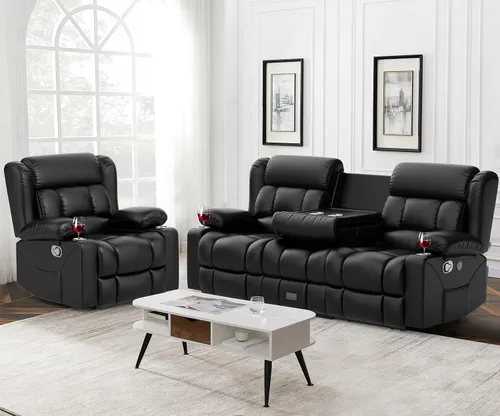 Vista 32 de Dresegmt - Juego de sofá reclinable con consola, diseño de respaldo central abatible, sofá de 3 plazas y sillón reclinable individual, sofás Gris