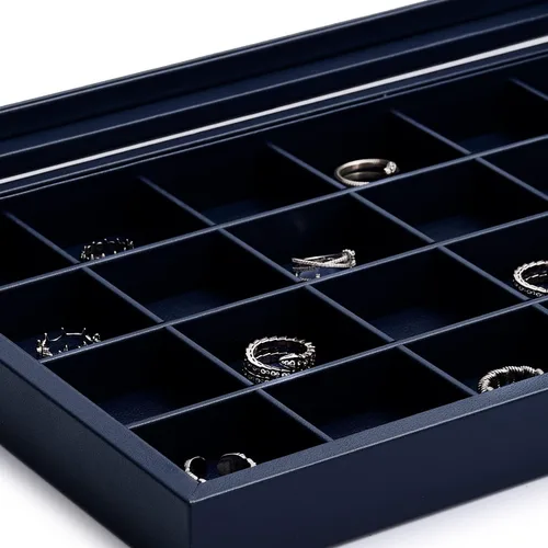 Vista 3 de Oirlv Bandeja de joyería de cuero azul de alta calidad con 24 rejillas con tapa transparente, aretes, anillos, caja organizadora, caja apilable