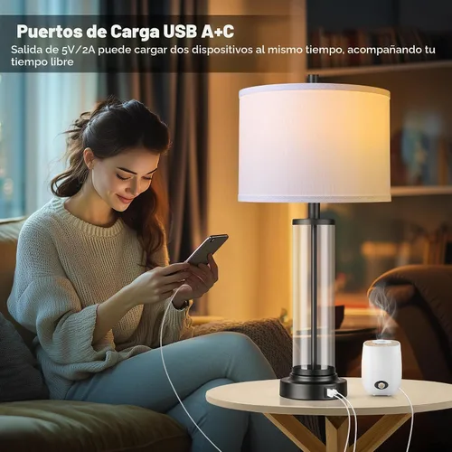 Vista 7 de Juego de 2 lámparas de mesa de cristal, modernas, negras, regulables, para dormitorio Negro