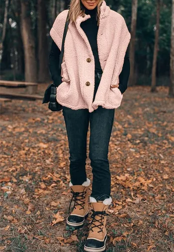 Vista 19 de Hongqizo - Chaleco de forro polar mullido para mujer, casual, de gran tamaño, cálido, con botones, chaqueta de sherpa con bolsillos