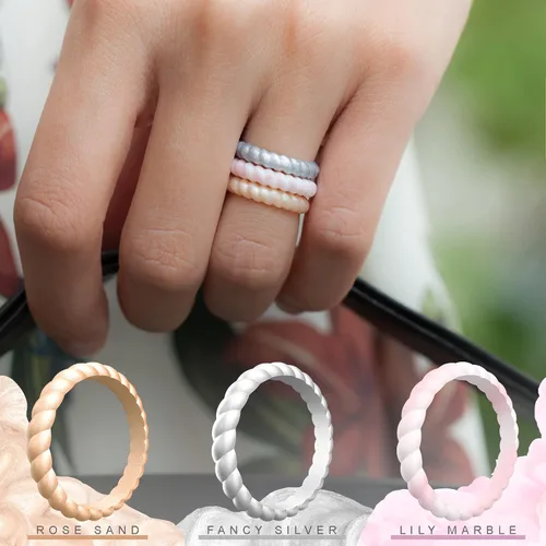 Vista 4 de ThunderFit - Anillo de matrimonio de silicona con diseño trenzado y delgado para mujer