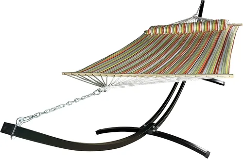 Vista 10 de Soporte de hamaca de arco de acero negro resistente para interiores y exteriores de 15 pies con hamaca acolchada de primera calidad (beige)