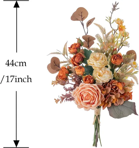 Vista 3 de Arreglos florales artificiales de seda de 17 pulgadas, ramos de flores artificiales que consisten en ranúnculos, crisantemos silvestres, rosas Ámbar