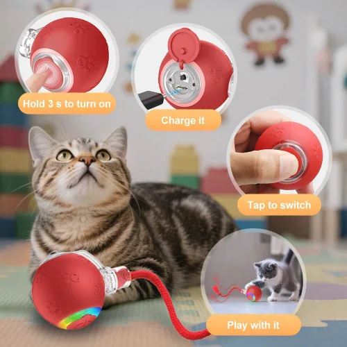 Vista 4 de Juguete interactivo para gatos, juguetes para gatos de interior, juguete automático de bola, juguete de bola de persecución para gatos con cola
