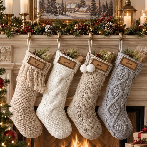 Vista 6 de Medias de Navidad de 18 pulgadas, 5 medias de punto trenzado color burdeos surtido con lazo de cinta de terciopelo, hilo rústico de granja de Borgoña