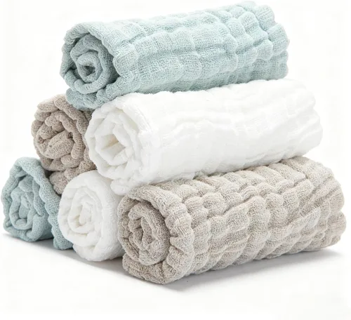 Vista 12 de Toallitas de muselina orgánicas para bebé, paquete de 6, toalla de baño y cara de 12x12 pulgadas, extra absorbente y suave, para bebés recién Azul