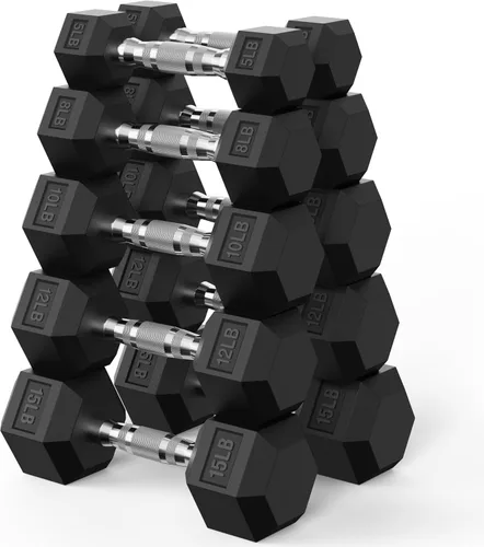 Vista 10 de PAPABABE Juego de mancuernas hexagonales de 45 a 550 libras, mancuernas de gimnasio en casa con revestimiento de goma, mancuernas para mujeres