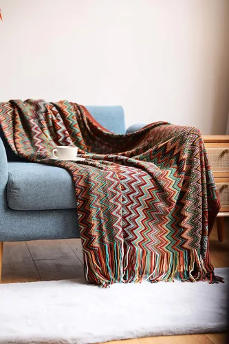Vista 6 de Manta de punto texturizado con borlas de 51.1 x 94.5 pulgadas, a rayas para sofá, silla, cama, cama, ligera y suave