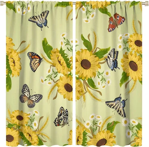 Vista 19 de Cortinas opacas de girasol, diseño natural, de granja, floral, con bolsillo para barra, para ventana, para dormitorio, sala de estar, 42 x 45