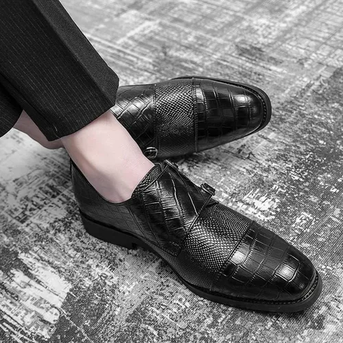 Vista 5 de HuitJours Men Black Blue Snakeskin Slips on Dress Shoes Double Monk Straps Classic Loafers Zapatos de Vestir para Hombre