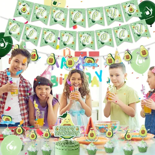 Vista 5 de Decoraciones de cumpleaños de aguacate, suministros para fiestas temáticas de frutas con pancarta de feliz cumpleaños, pancarta de guirnalda