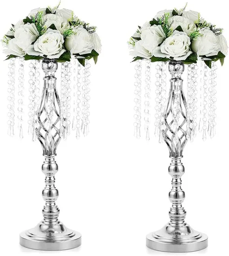 Vista 14 de Sziqiqi - Centro de mesa elevado floral dorado para mesa de boda de 21.7 pulgadas de altura con centros de mesa de flores de cristal y cuentas