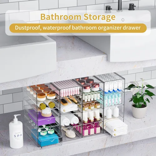 Vista 7 de Organizador de maquillaje acrílico con 20 cajones, juego de 4 cajones de almacenamiento transparentes, organizador de cajones de acrílico