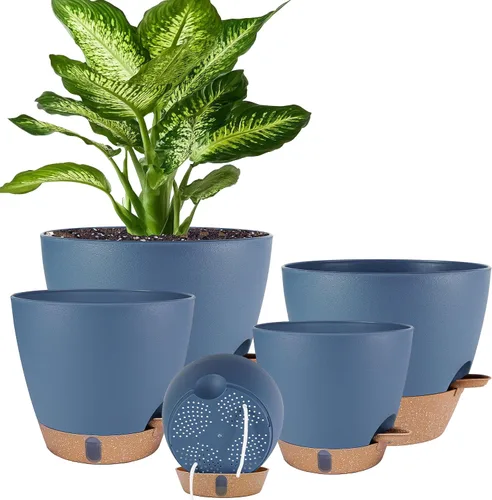 Vista 22 de Paquete de 5 macetas de riego automático de 6 pulgadas para plantas de interior, macetas pequeñas de plástico con indicador de nivel de agua