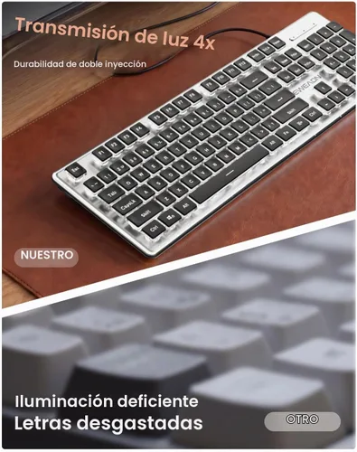 Vista 3 de SEUNKWANG EWEADN GX710S - Teclados retroiluminados para computadora, teclado USB con cable con retroiluminación blanca, panel de metal, Plug and