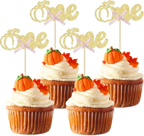 Vista 20 de 24 adornos para cupcakes de calabaza para niños o niñas con purpurina para revelación de género, decoración para cupcakes de calabaza, pies
