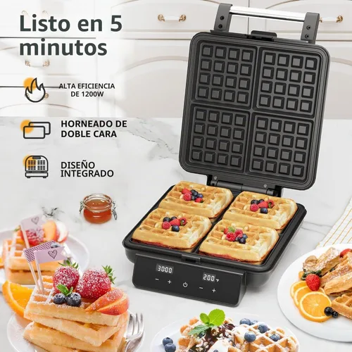 Vista 4 de Fabricante de Waffles de 4 Rebanadas con Superficie Antiadherente, Plancha para Waffles de 1200W, Control de Tiempo y Temperatura, Pantalla LCD