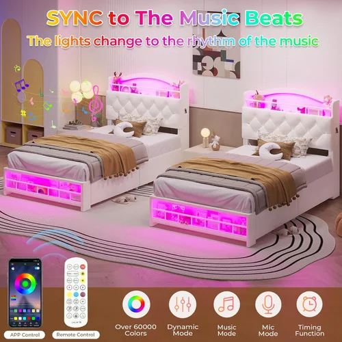 Vista 3 de HAUOMS Cama de princesa individual con luces LED y 4 cajones para niñas