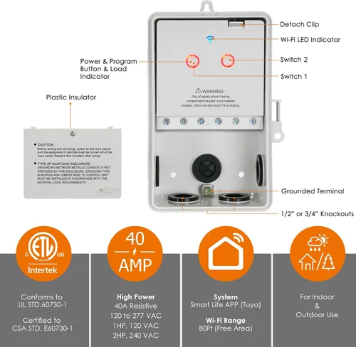 Vista 2 de Suraielec Temporizador de piscina WiFi dual, interruptores individuales de 120/277V, 40 amperios, temporizador inteligente resistente de 1HP/2HP