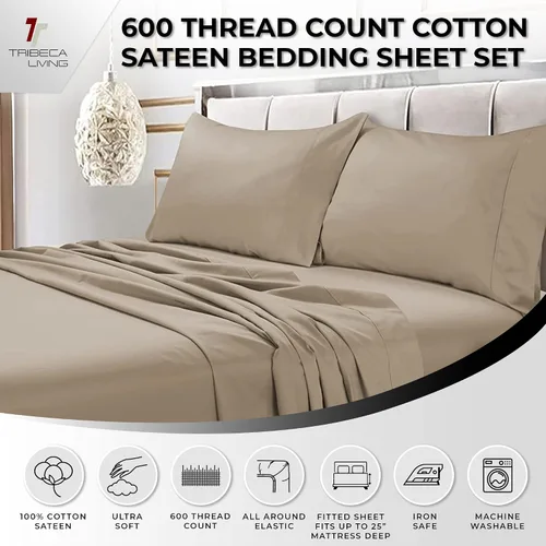 Vista 3 de Tribeca Living Juego de sábanas, sábanas y fundas de almohada de satén de algodón egipcio suave, bolsillo extra profundo, 600 hilos, ropa de cama