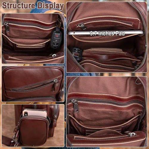 Vista 4 de Bolso bandolera de cuero genuino para hombre, bolso cruzado grande, bolso de hombro casual, mochila antirrobo, bolsa de viaje en el pecho