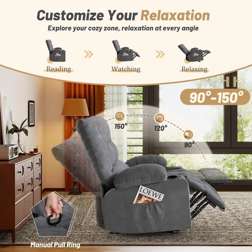 Vista 4 de Rocker - Silla reclinable con masaje y calor, sofá individual ergonómico, mecedoras para sala de estar, cómoda silla reclinable con portavasos Gris